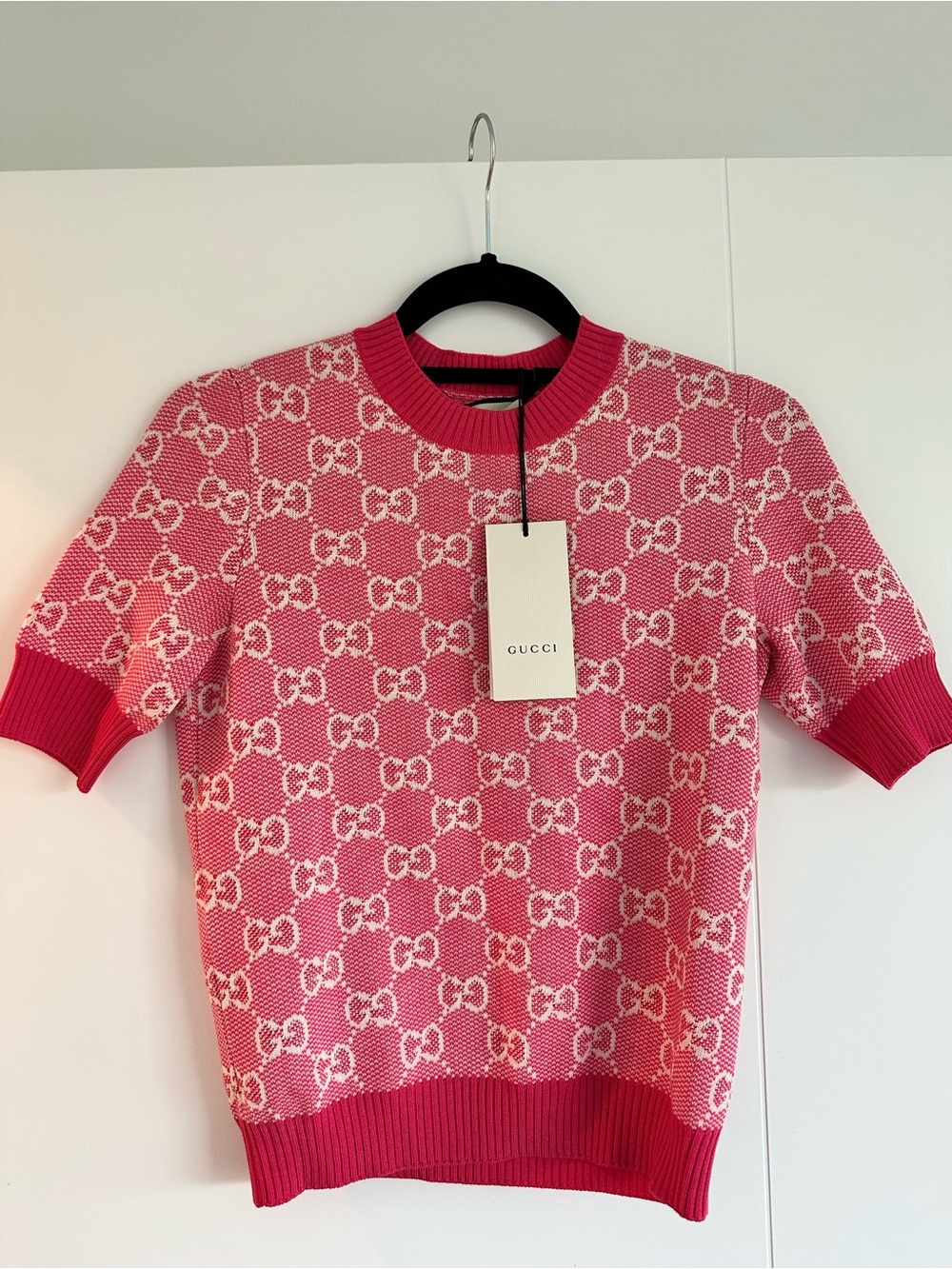 Gucci Bubblegum Pink GG Jacquard Short Sleeve Knit
